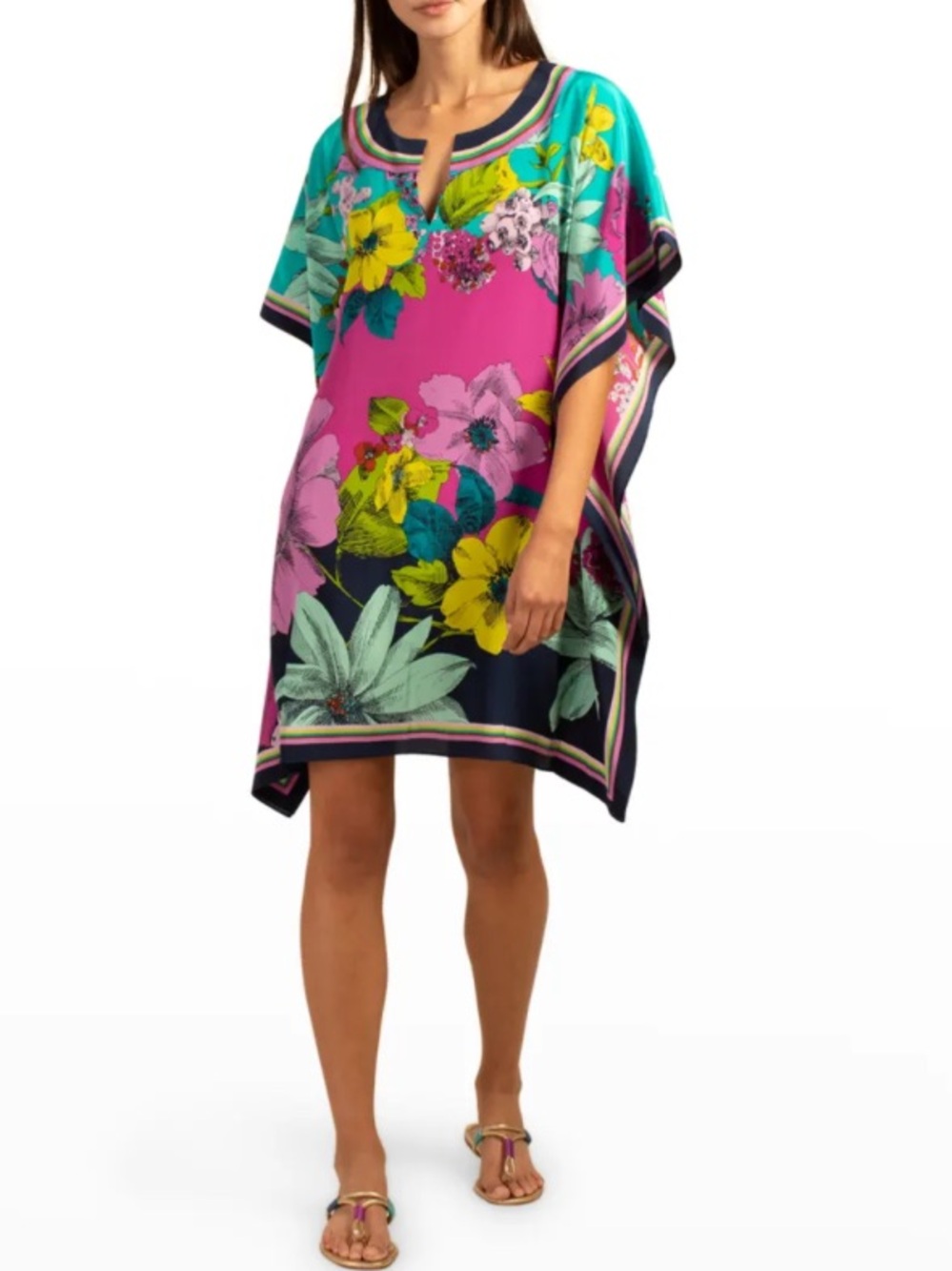Trina Turk “Theodora” Bright Fuchsia & Turquoise Floral V-Neck Swim Coverup - Picture 12 of 16